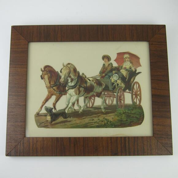 Victorian Framed Print Chromo Cutout Children Ride Horse Carriage Antique 1889